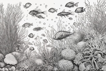 Hand drawn underwater natural elements. Sketch of reef corals and swimming fishes. Monochrome horizontal illustration of sea life. Black and white coloring page. Generative Ai