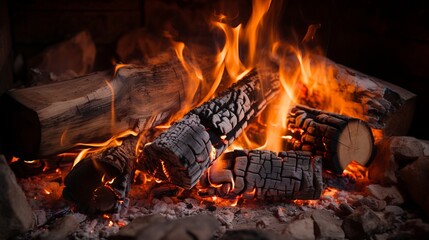 Fototapeta premium Vibrant flames and glowing embers in a crackling fireplace, creating a cozy ambiance.