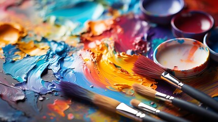 Dynamic paintbrushes and vibrant palette  detailed shot of artist s tools illuminat