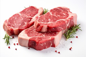 Fresh raw beef meat cut pieces isolated on white background for cooking and recipes