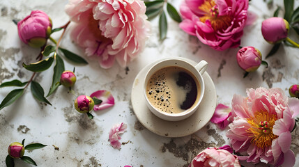 Obraz na płótnie Canvas A cup of coffee and peony flowers on withe wooden background ai generative