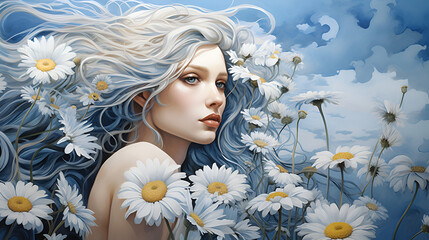 A close up of a blue and white flowers on beautiful girl in blue background ai generative