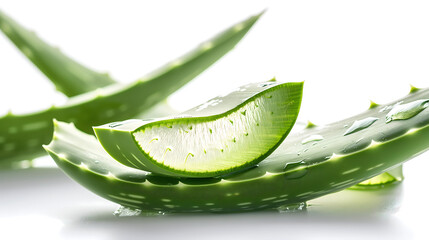Stack of Aloe Vera slices with gel dripping isolated on white background, herb skin care. Aloe Vera gel a natural skincare ingredient. 