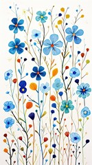 Seamless pattern in fancy small spring flowers in blue, folk style pattern, vertical image