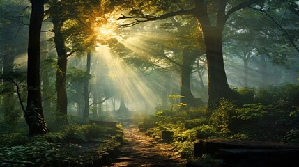 A Mesmerizing Vision, Dreamy Sunlight Pierces Through a Mist-Laden Enchanting Forest, Unveiling Nature's Ethereal Beauty - Generative AI