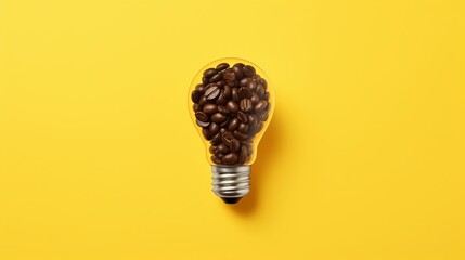 Caffeine creativity: illuminating concepts with a coffee bean light bulb on vibrant yellow background - good ideas start with great coffee - obrazy, fototapety, plakaty
