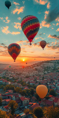 Obraz premium Sonnenuntergang mit bunten Heissluftballons, die über die Stadt fliegen