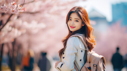 Modern happy young smiling Asian woman girl on the background of blooming pink cherry trees and metropolis city.