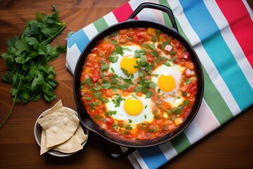 panned out photo of shakshuka on rustic wood with napkin