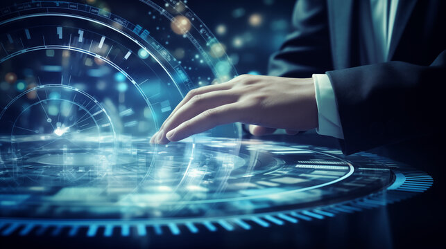 A man's hand on a futuristic computer. 