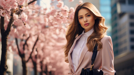 Fototapeta premium Modern happy young smiling Asian business woman against the backdrop of pink cherry blossoms and metropolis city.
