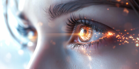 Close up focus on the eye of a young woman looking straight ahead in glittering lights effect, having a clairvoyant vision, a mystical emotion, a spiritual feeling - obrazy, fototapety, plakaty