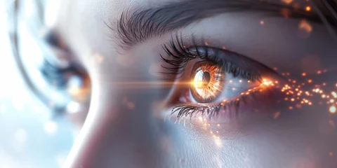 Poster Close up focus on the eye of a young woman looking straight ahead in glittering lights effect, having a clairvoyant vision, a mystical emotion, a spiritual feeling © mozZz