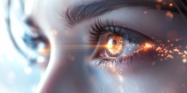 Close up focus on the eye of a young woman looking straight ahead in glittering lights effect, having a clairvoyant vision, a mystical emotion, a spiritual feeling