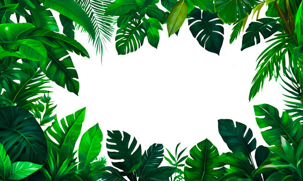 Tropical leaves on white background. Green tropical green plants, Palm leaf, Monstera. Natural detailed plant template. Exotic. Material for advertising and creativity.