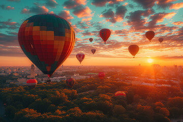 Sonnenuntergang mit bunten Heissluftballons, die über die Stadt fliegen - obrazy, fototapety, plakaty