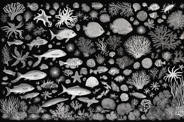 Hand drawn underwater natural elements. Sketch of reef corals and swimming fishes. Monochrome horizontal illustration of sea life. Black background. Generative Ai - obrazy, fototapety, plakaty