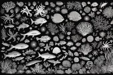 Zelfklevend Fotobehang Hand drawn underwater natural elements. Sketch of reef corals and swimming fishes. Monochrome horizontal illustration of sea life. Black background. Generative Ai © SOLOTU