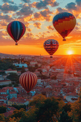Sonnenuntergang mit bunten Heissluftballons, die über die Stadt fliegen