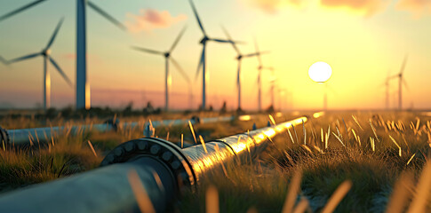 wind farm with pipes behind grass and sun, in the style of photo-realistic landscapes, futuristic landscapes, 