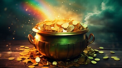 Leprechaun pot of gold and luck, rainbow backdrop, St. Patrick's Day illustration, Generative ai - obrazy, fototapety, plakaty
