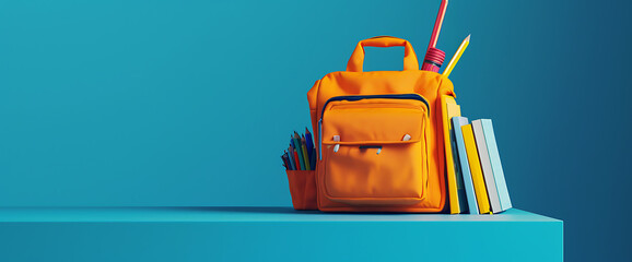 yellow school backpack isolated on blue background, in the style of sculpted, dark aquamarine and yellow, modern - obrazy, fototapety, plakaty