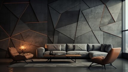 Modern living room interior with futuristic tile wallpaper accent and polished concrete wall background