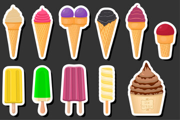 Illustration on theme big kit ice cream popsicle different types in cone waffle cup