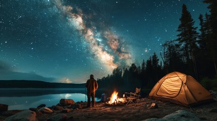 a man is camping with a campfire - obrazy, fototapety, plakaty