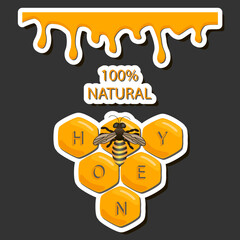 Drop of bee honey drip from hexagonal honeycombs filled with golden nectar