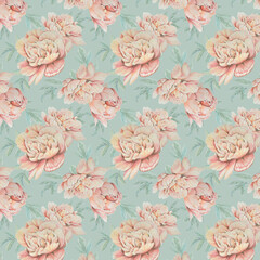 Floral pattern watercolor peonies, spring pattern retro, vintage