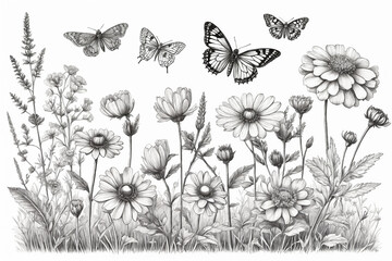 Fototapeta na wymiar Hand drawn blooming flowers and butterflies on blank background. Black and white wildflowers and insects. Monochrome elegant floral composition in vintage style. Generative Ai