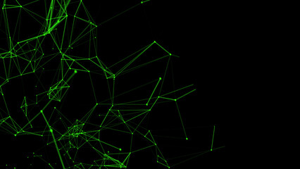 Concept of Network. Abstract futuristic technology with green polygonal shapes on black background. Connection technologies backdrop, internet communication.