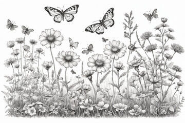 Hand drawn blooming flowers and butterflies on blank background. Black and white wildflowers and...