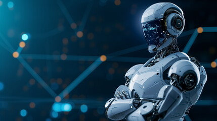 Fototapeta premium Robot arm crossed, Humanoid robot standing on blue futuristic background. Generated AI.