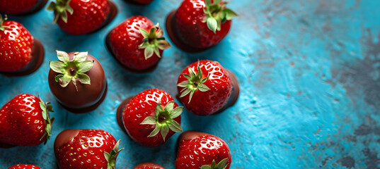Fresh strawberries covered chocolate on blue background	