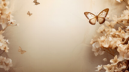 Abstract natural spring background with butterflies and light beige meadow flowers closeup.