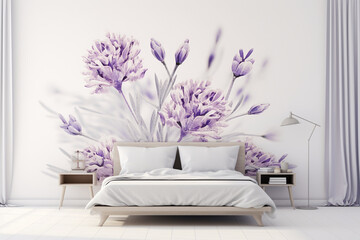寝室のベッドと花の壁画のベッドルームのインテリア