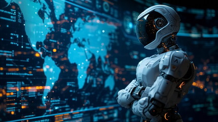 Robot arm crossed, Humanoid robot standing on blue world map icon background. Generated AI. - obrazy, fototapety, plakaty