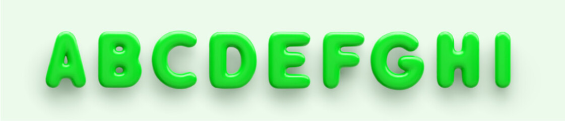 3D Green uppercase letters A, B, C, D, E, F, G, H and I  with a glossy surface on a light background.