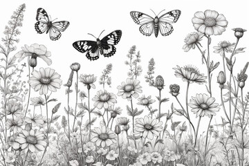 Hand drawn blooming flowers and butterflies on blank background. Black and white wildflowers and insects. Monochrome elegant floral composition in vintage style. Generative Ai - obrazy, fototapety, plakaty