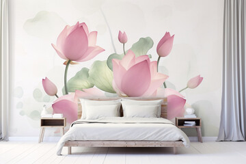 寝室のベッドと蓮の花の壁画のベッドルームのインテリア