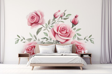 寝室のベッドと薔薇の花の壁画のベッドルームのインテリア