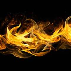 Fototapeta premium Tongues of yellow fire on clear black background, yellow flames and sparks background design