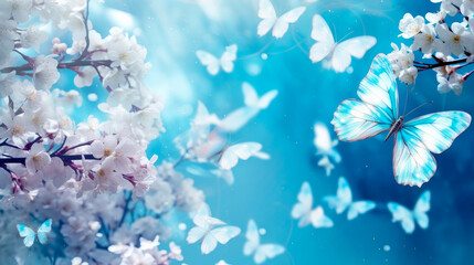 Abstract natural spring background with butterflies and blue, sky blue meadow flowers closeup.