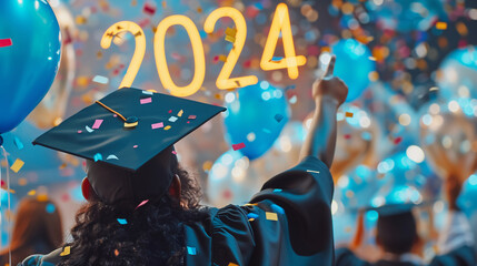 Graduation poster 2024. Male multiracial graduate celebrates his graduation on party with balloons and confetti. - obrazy, fototapety, plakaty