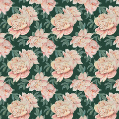 Floral pattern watercolor peonies, spring pattern retro, vintage