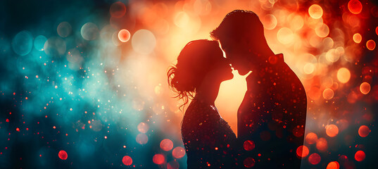banner of man and woman are kissing on bokeh background. Concept of love and Valentine's Day - obrazy, fototapety, plakaty