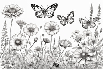 Fototapeta premium Hand drawn blooming flowers and butterflies on blank background. Black and white wildflowers and insects. Monochrome elegant floral composition in vintage style. Generative Ai