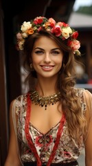 Fototapeta premium Bulgaria as beautiful 28 years old girl, candid photography generative ai